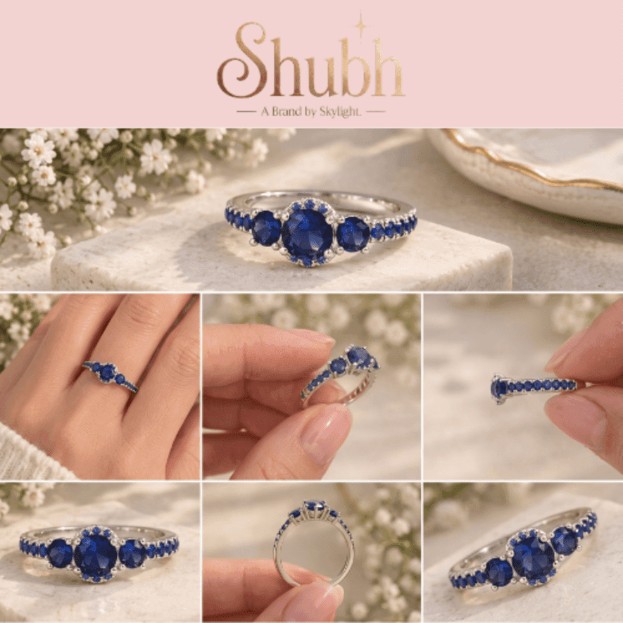 925- BLUE SAPPHIRE THREE STONE BAND SILVER RING