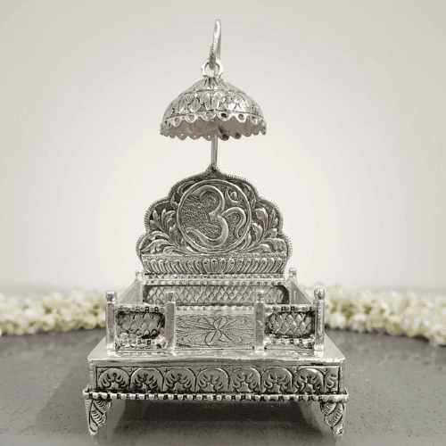 HANDCRAFTED 925 STERLING SILVER OM SINGHASAN WITH CHATTRA – TRADITIONAL CHITAI WORK