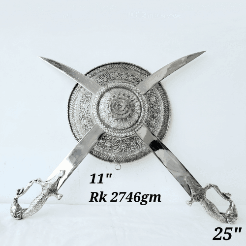 HANDCRAFTED 925 STERLING SILVER SHIELD AND CROSSED SWORDS SET – TRADITIONAL CHITAI WORK WALL DECOR